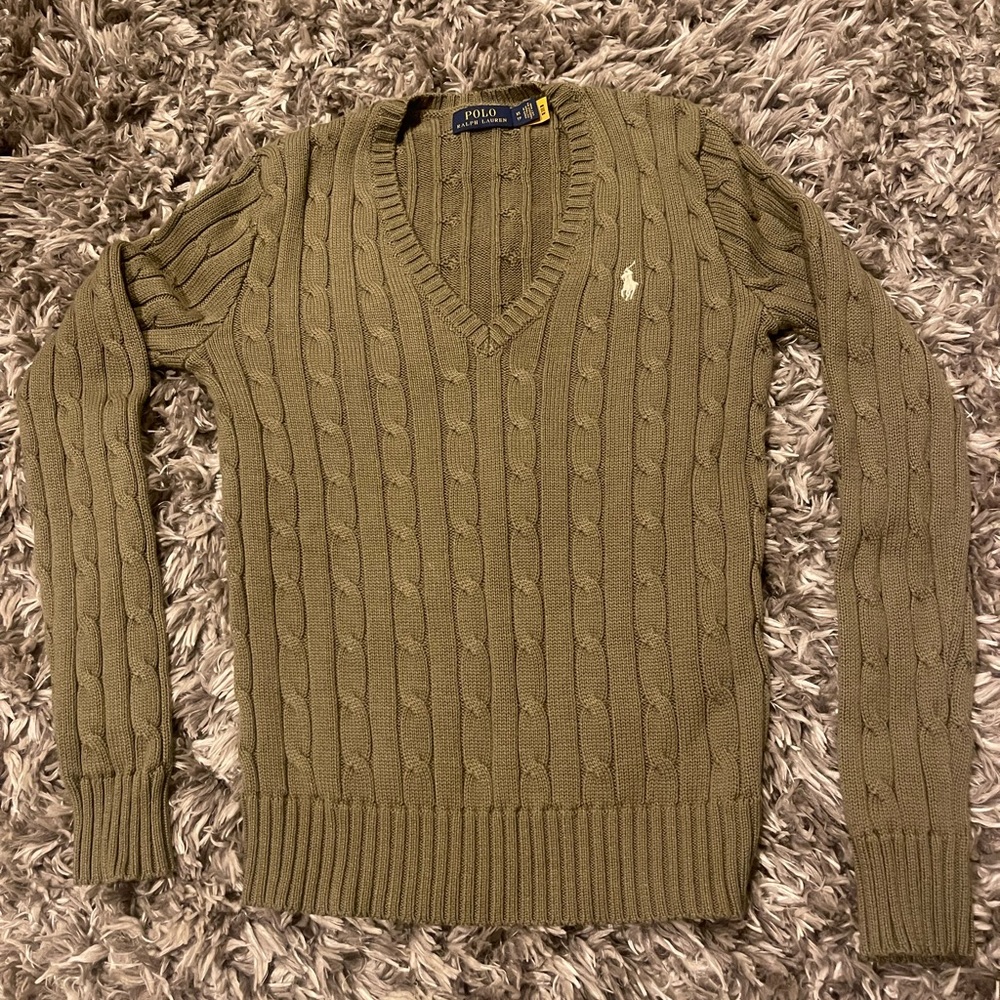 XS Ralph Lauren Polo V-Neck Cable-Knit Sweater. New without tags. Olive Green.